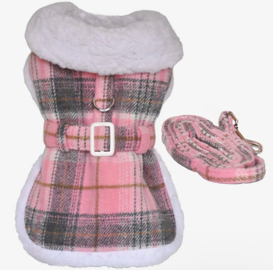 Pink Plaid Princess Sherpa Harness Coat with Matching Leash