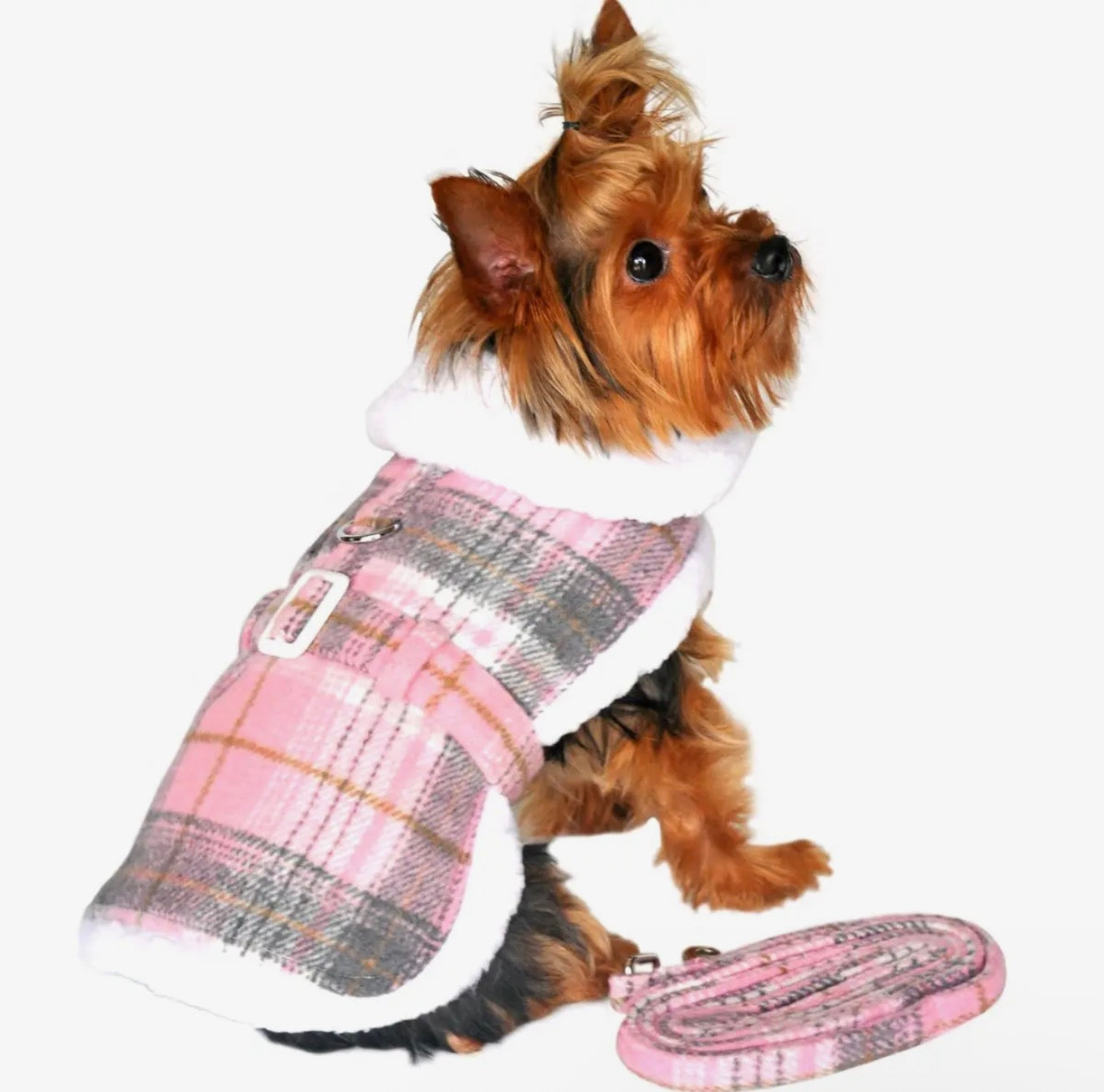 Pink Plaid Princess Sherpa Harness Coat with Matching Leash
