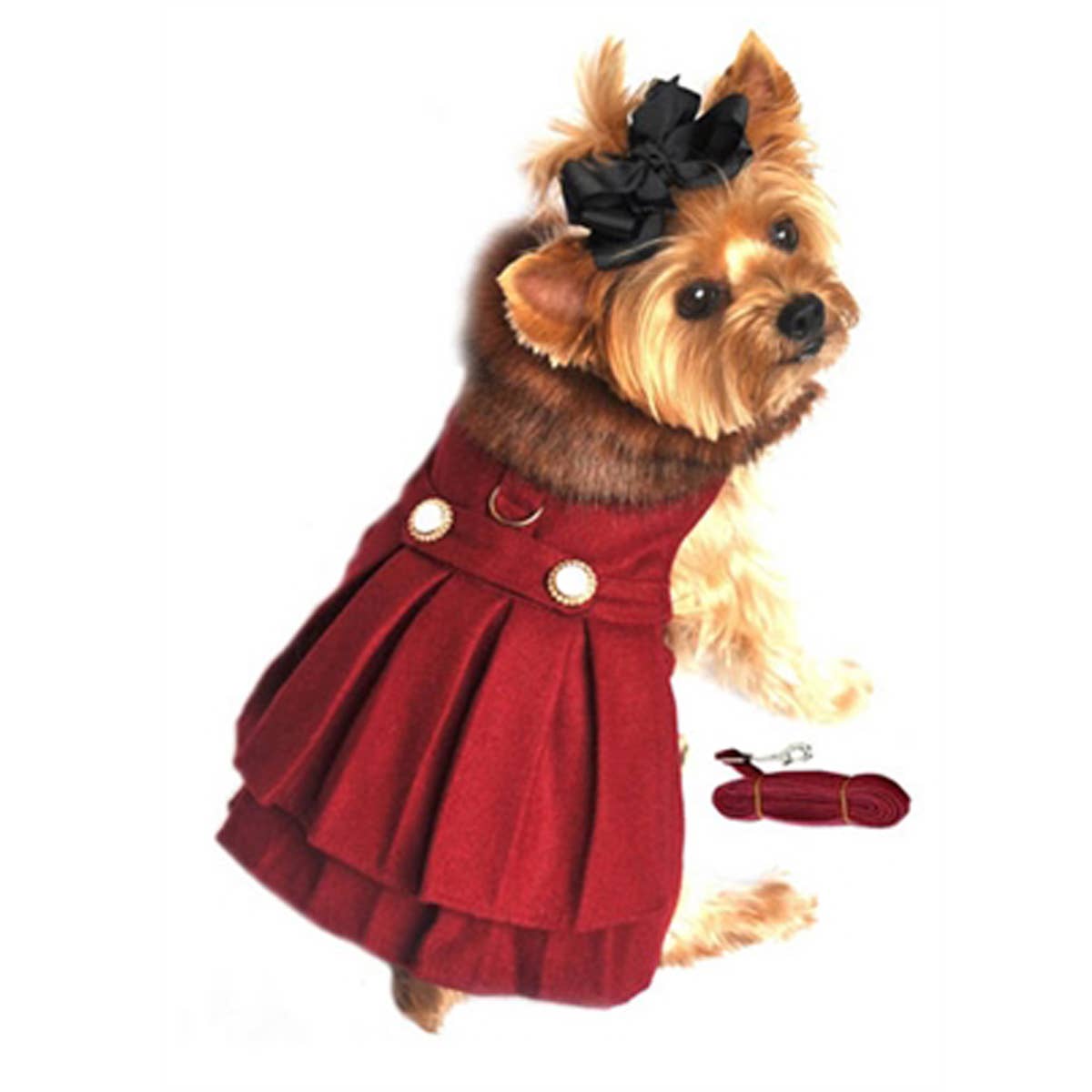 Regal Paw™ Burgundy Wool Harness Coat Dress  with Matching Leash Set
